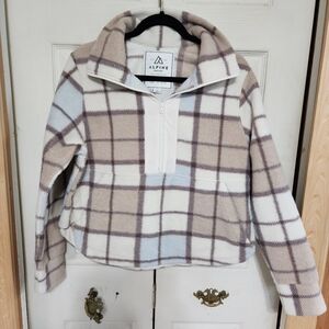 Alpine Kids Plaid Fleece Hoodie - Cream and Brown